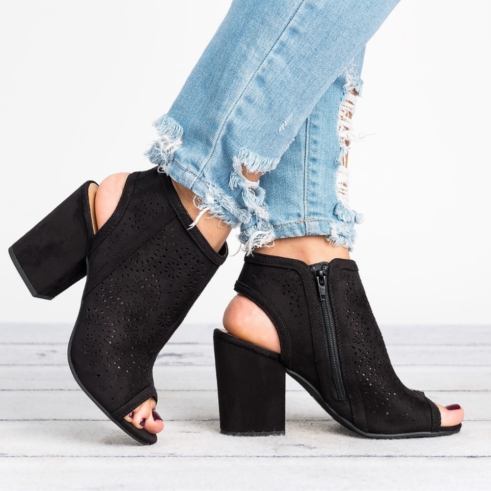 Soda Black laser Cut Open Toe Ankle Boots